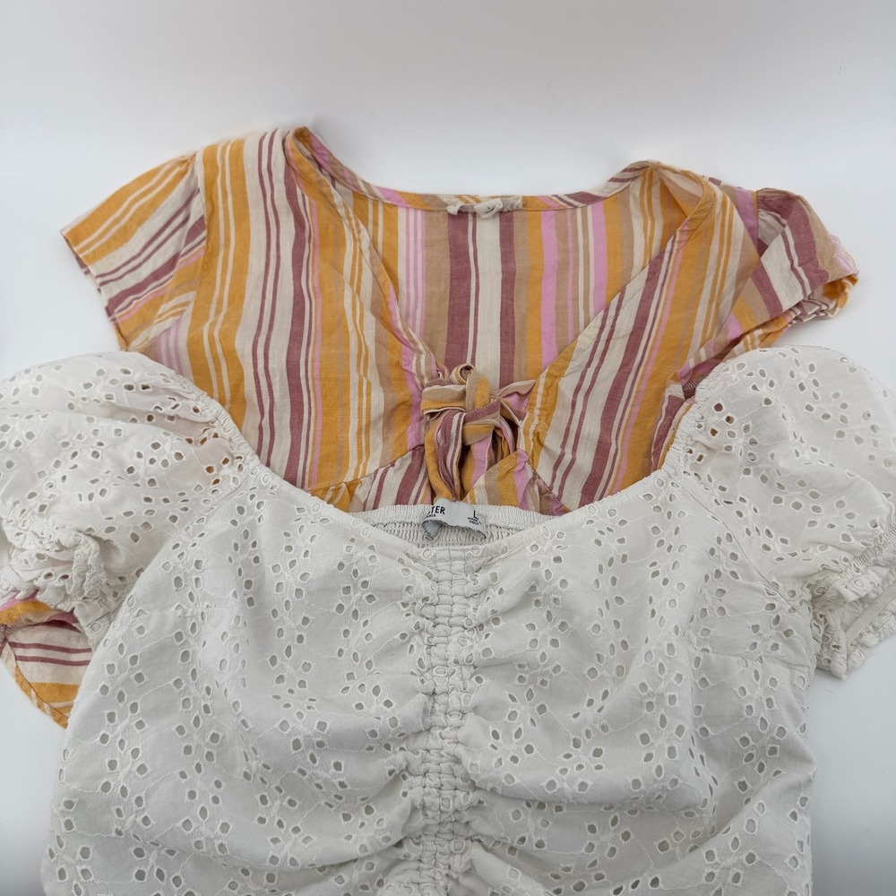 Hollister‎ White Eyelet Puff Sleeve Cinched Crop Top Aeropostale Striped Top L